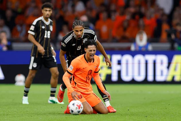 Amsterdam, Netherlands, 24th September 2026. Tijjani Reijnders of the Netherlands is fouled by Kevin Schade of Germany during the Netherlands vs Germany UEFA Nations League match at the Johan Cruyff Arena, Amsterdam. Picture credit should read: Cody Froggatt Sportimage EDITORIAL USE ONLY. No use with unauthorised audio, video, data, fixture lists, club league logos or live services. Online in-match use limited to 120 images, no video emulation. No use in betting, games or single club league player publications. SPI_059_CF_NETHERLANDS_V_GERMANY SPI-5017-0059