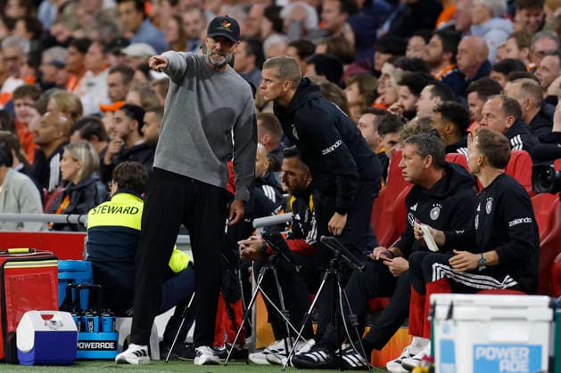 Amsterdam, Netherlands, 24th September 2026. Jurgen Klopp, head coach of Germany reacts towards his coaching staff in the dugout during the Netherlands vs Germany UEFA Nations League match at the Johan Cruyff Arena, Amsterdam. Picture credit should read: Cody Froggatt Sportimage EDITORIAL USE ONLY. No use with unauthorised audio, video, data, fixture lists, club league logos or live services. Online in-match use limited to 120 images, no video emulation. No use in betting, games or single club league player publications. SPI_061_CF_NETHERLANDS_V_GERMANY SPI-5017-0061