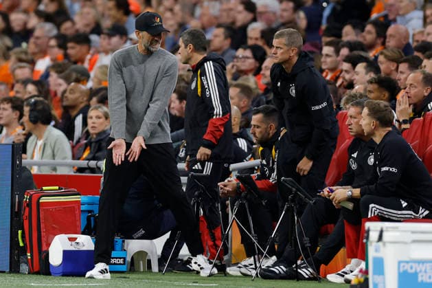 Amsterdam, Netherlands, 24th September 2026. Jurgen Klopp, head coach of Germany reacts towards his coaching staff in the dugout during the Netherlands vs Germany UEFA Nations League match at the Johan Cruyff Arena, Amsterdam. Picture credit should read: Cody Froggatt Sportimage EDITORIAL USE ONLY. No use with unauthorised audio, video, data, fixture lists, club league logos or live services. Online in-match use limited to 120 images, no video emulation. No use in betting, games or single club league player publications. SPI_063_CF_NETHERLANDS_V_GERMANY SPI-5017-0063