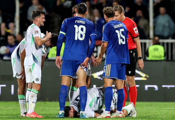 UEFA Nations League Group Stage, Fadil Vokrri Stadium, Pristina, Kosovo 24 9 2026 Kosovo vs Republic of Ireland Ireland s Troy Parrott goes down after a bad tackle Troy Parrott goes down after a bad tackle 24 9 2026  Copyright: xx RB1_6136