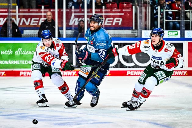 Colin Ugbekile, Iserlohn Roosters, 79; Jimmy Lambert, Augsburger Panther, 23; Philipp Krauß, Augsburger Panther, 20, GER, Iserlohn Roosters vs. Augsburger Panther, Ice Hockey, Penny DEL, Matchday 3, 2026–2027 Season, September 24, 2026, GER, Iserlohn Roosters vs. Augsburger Panther, Ice Hockey, Penny DEL, Matchday 3, 2026–2027 Season, September 24, 2026, Iserlohn Copyright: xJonasxBrockmann Eibner-Pressefotx EP_JBN