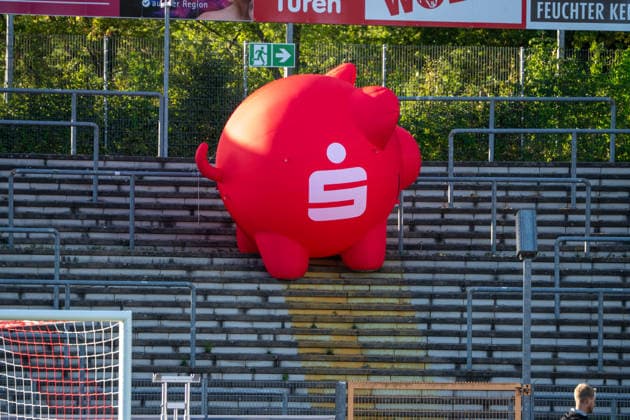 Germany Friendly Match, 2026–2027 Preseason: Sportfreunde Siegen vs. Borussia Mönchengladbach, Thursday, September 24, 2026, Leimbach Stadium, Siegen: signage, bus design, sponsors, advertising, Sparkasse, sports facility, stadium, interior view, wide shot of Siegen’s Leimbach Stadium, Germany Copyright: xOrhanxHabashx