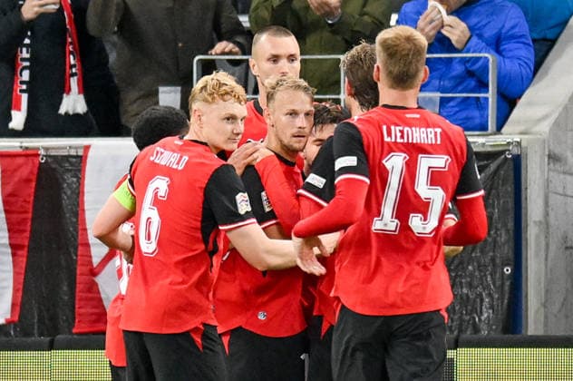 September 24, 2026, Oberoesterreich Arena Linz, AUT, UEFA Nations League 2026–27 Group B: Austria vs. Israel; pictured: celebrating players from Team Austria (AUT) during the UEFA Nations League 2026–27 Group B match between Austria and Israel in Linz, Austria, on September 24, 2026; Linz, Upper Austria, Austria