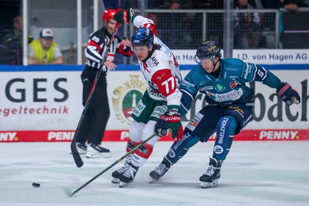 September 24, 2026, xkwix, Ice Hockey, DEL, Iserlohn Roosters vs. Augsburger Panther, Eissporthalle am Seilersee, Matchday 3, 2026–2027 Season: Norwin Panocha of the Iserlohn Roosters (6) in a battle with Luke Toporowski of the Augsburger Panther (77). Photo by xKamilxWilkowskixPressefotoKochx, North Rhine-Westphalia, Germany