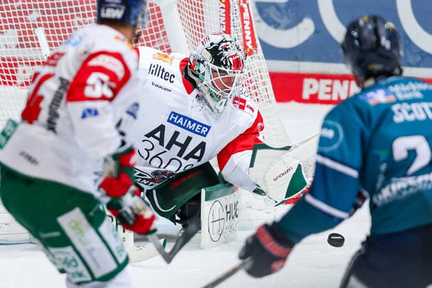 September 24, 2026, xkwix, Ice Hockey, DEL, Iserlohn Roosters vs. Augsburger Panther, Eissporthalle am Seilersee, Matchday 3, 2026–2027 season: Peyton Jones of the Augsburger Panther holds the puck. Photo by xKamilxWilkowskixPressefotoKochx, North Rhine-Westphalia, Germany