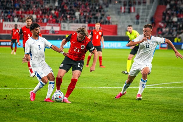 Soccer Austria UEFA Nations League 2026–2027 League B, Group B3, Matchday 1, September 24, 2026: Austria vs. Israel at Raiffeisen Arena, Linz, Austria; Patrick Wimmer (Austria, 21), Roy Revivo (Israel, 3), and Nikita Stoinov (Israel, 13) Copyright: xLukasxBierederx