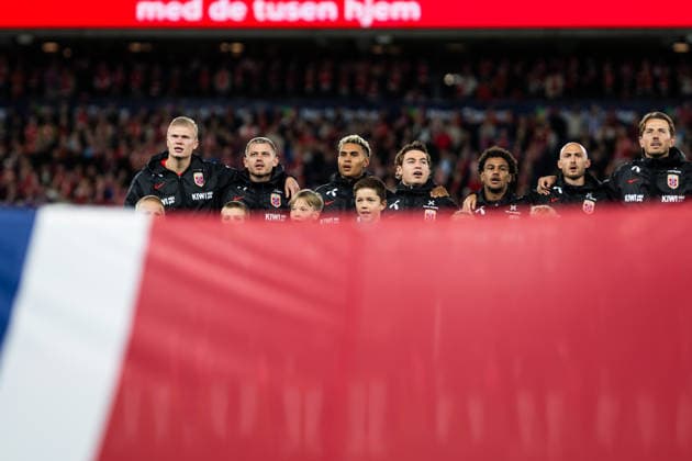 September 24, 2026: Players from Norway during the lineup before the Nations League soccer match between Norway and Denmark on September 24, 2026 in Oslo. Photo by Vegard Grott, BILDBYRAN. Code: VG VG1005 bbeng soccer football fotball Nations League international match Norway Denmark  Copyright: VEGARDxGRoTT BB260924VG041