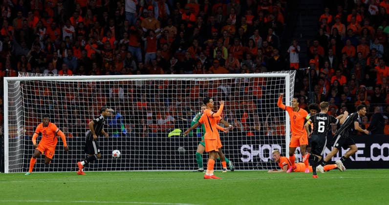 September 24, 2026, xjrdrx, Soccer UEFA Nations League, Netherlands vs. Germany; Bart Verbruggen (Netherlands), Felix Nmecha (German National Soccer Team, DFB); Goal scored, making the score 0–1 in Amsterdam