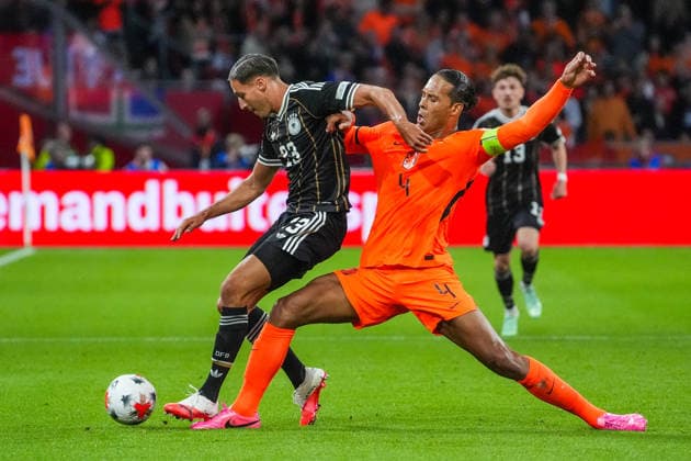 Head-to-head matchup: Younes Ebnoutalib (Germany) vs. Virgil van Dijk (Netherlands), September 24, 2026, Amsterdam, Netherlands vs. Germany, Nations League Matchday 1, Johan Cruijff Arena