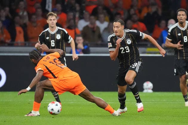 Younes Ebnoutalib, Germany, scores a goal against Quinten Timber, Netherlands, September 24, 2026, Netherlands vs. Germany, Nations League Matchday 1, Johann Cruijff Arena