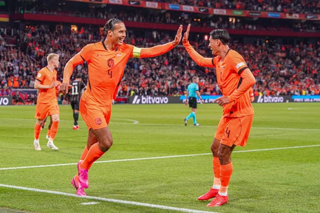2026-09-24 Netherlands v Germany - Nations League AMSTERDAM, NETHERLANDS - SEPTEMBER 24: Virgil van Dijk of the Netherlands celebrates with teammates after scoring his teams first goal during the Nations League match between Netherlands and Germany at Johan Cruijff ArenA Amsterdam Johan Cruijff ArenA Netherlands Content not available for redistribution in The Netherlands directly or indirectly through any third parties. Copyright: xAndrexWeeningx