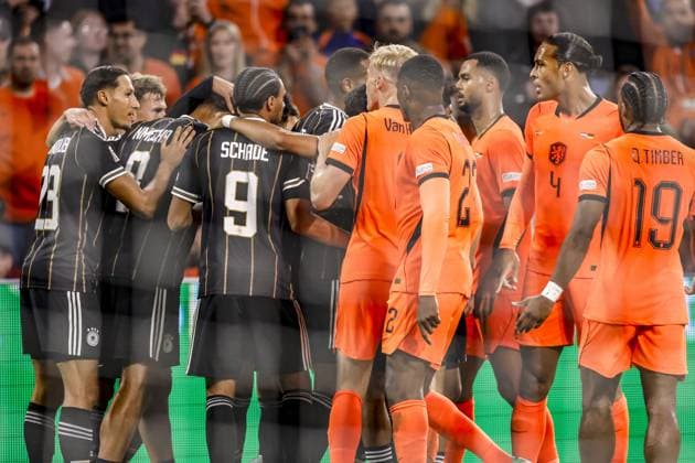 AMSTERDAM - (LR) Younes Ebnoutalib of Germany, Joshua Kimmich of Germany, Felix Nmecha of Germany, Kevin Schade of Germany celebrate the 0-1, Jan Paul van Hecke of the Netherlands, Denzel Dumfries of the Netherlands, Virgil van Dijk of the Netherlands, Karim Adeyemi of Germany during the UEFA Nations League match between the Netherlands and Germany at the Johan Cruijff ArenA on 24 September 2026 in Amsterdam, the Netherlands. MAURICE VAN STEEN ANP UEFA Nations League 2026 27 xVIxANPxSportx xMauricexvanxSteenxIVx 569969906 originalFilename: 569969906.jpg