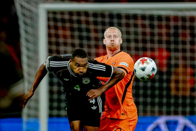 AMSTERDAM: Germany defender Jonathan Tah and the Netherlands forward Mexx Meerdink during the UEFA Nations League match between the Netherlands and Germany at the Johan Cruijff ArenA on September 24, 2026, in Amsterdam, the Netherlands. Photo by DeFodi Images