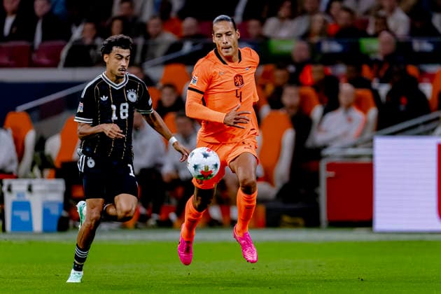 AMSTERDAM: Germany defender Nathaniel Brown and the Netherlands defender Virgil van Dijk during the UEFA Nations League match between the Netherlands and Germany at the Johan Cruijff ArenA on September 24, 2026, in Amsterdam, the Netherlands. Photo by DeFodi Images