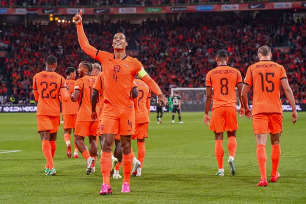 2026-09-24 Netherlands v Germany - Nations League AMSTERDAM, NETHERLANDS - SEPTEMBER 24: Virgil van Dijk of the Netherlands celebrates after scoring his teams first goal during the Nations League match between Netherlands and Germany at Johan Cruijff ArenA Amsterdam Johan Cruijff ArenA Netherlands Content not available for redistribution in The Netherlands directly or indirectly through any third parties. Copyright: xAndrexWeeningx