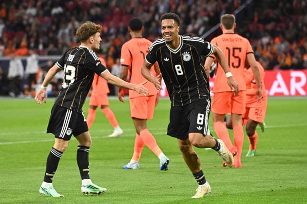 Felix NMECHA (GER) celebrates after scoring the 0-1 goal; celebration, cheering, joy, cheers, with goalkeeper Marc-André TER STEGEN (GER); Netherlands (NED) vs. Germany (GER); Soccer; UEFA Nations League 2026–2027, Matchday 1, on September 24, 2026, at the Amsterdam Arena (Johan Cruyff Arena) in Amsterdam, Netherlands Â
