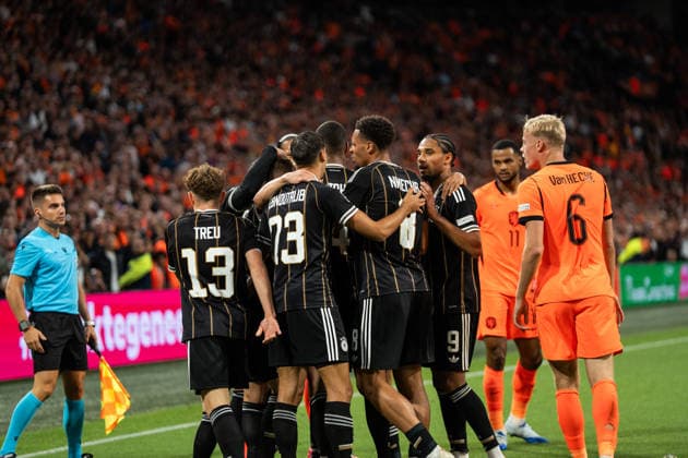 September 24, 2026, NED, 2026 UEFA Nations League 27: Netherlands vs. Germany. Goal celebration: Cheers for Germany s 0–1 goal scored by Felix Nmecha (Germany), 8 Kevin Schade, Germany; 9 Nadiem Amiri, Germany; 11 Younes Ebnoutalib, Germany; 23 Philipp Treu, Germany; 13 Joshua Kimmich, Germany; 6 Jonathan Tah, Germany; 4 Kevin Schade, Germany; 9 Amsterdam, Johan Cruijff Arena, Amsterdam, Netherlands Copyright: xnordphotoxGmbHx xChristianxSchulzex