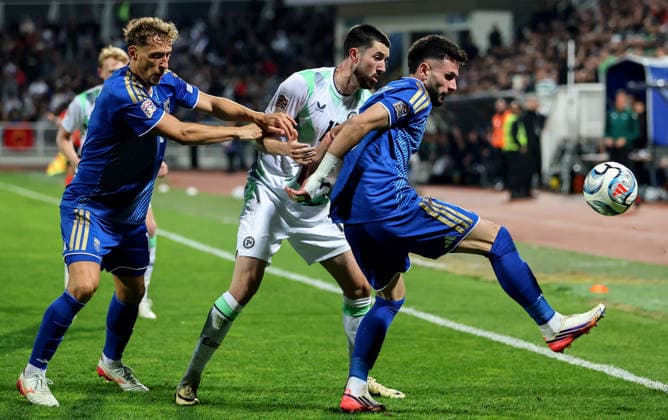 UEFA Nations League Group Stage, Fadil Vokrri Stadium, Pristina, Kosovo 24 9 2026 Kosovo vs Republic of Ireland Ireland s Finn Azaz and Lumbardh Dellova of Kosovo Finn Azaz and Lumbardh Dellova 24 9 2026  Copyright: xx RB2_2424