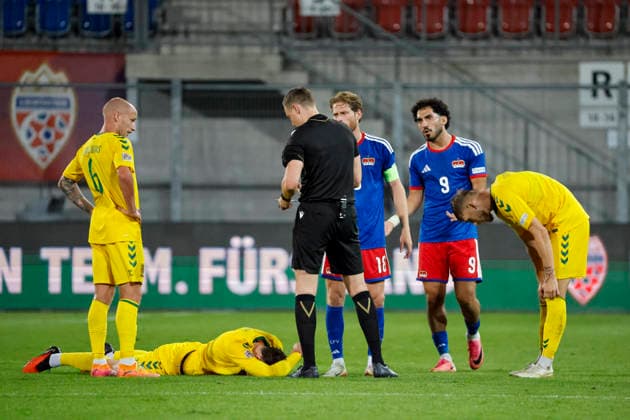 Ferhat Saglam (Liechtenstein, No. 9) receives a yellow card from referee Ante Culina (CRO), Liechtenstein, UEFA, Nations League, Matchday 1, Liechtenstein vs. Lithuania, September 24, 2026, Vaduz Rheinpark Stadium, Liechtenstein Copyright: xGrantxHubbsx