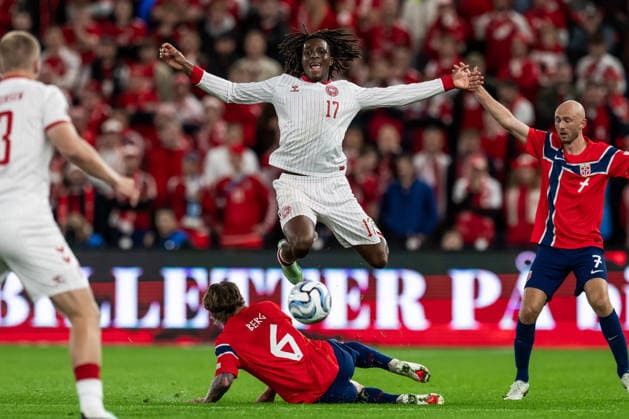 September 24, 2026: Patrick Dorgu of Denmark during the Nations League soccer match between Norway and Denmark on September 24, 2026 in Oslo Photo: Vegard Grott BILDBYRAN code VG VG1005 bbeng soccer football nations league international match Norway Denmark  Copyright: VEGARDxGRoTT BB260924VG046