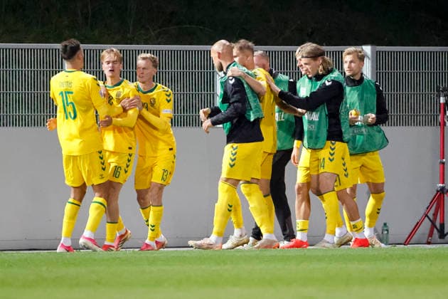 Goal celebration by Lithuania after Lukas Michelbrink s 0-1 goal for Lithuania, 16, joy, enthusiasm, positive emotions, goal, Liechtenstein, UEFA, Nations League, Matchday 1, Liechtenstein vs. Lithuania, September 24, 2026, Vaduz Rheinpark Stadium, Liechtenstein Copyright: xGrantxHubbsx