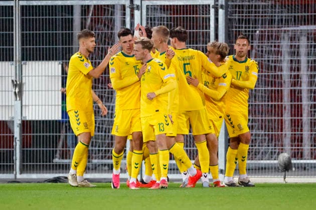 Goal celebration by Lithuania after Lukas Michelbrink s 0-1 goal for Lithuania, 16, joy, enthusiasm, positive emotions, goal, Liechtenstein, UEFA, Nations League, Matchday 1, Liechtenstein vs. Lithuania, September 24, 2026, Vaduz Rheinpark Stadium, Liechtenstein Copyright: xGrantxHubbsx