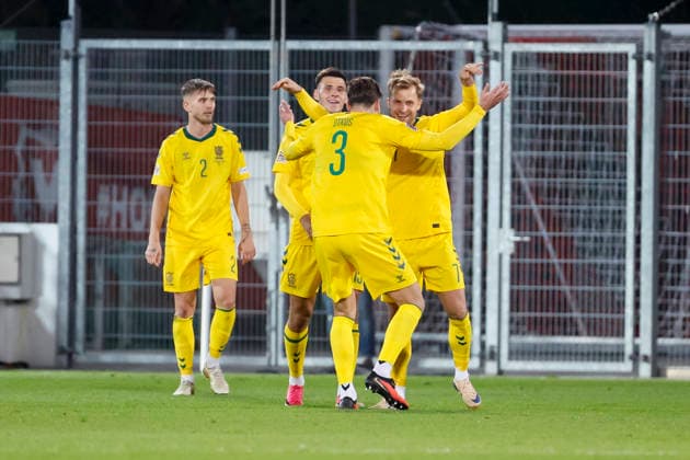 Lithuania celebrates a goal as Artur Dolznikov scores to make it 0–2, Lithuania, 07, joy, excitement, positive emotions, goal, Liechtenstein, UEFA, Nations League, Matchday 1, Liechtenstein vs. Lithuania, September 24, 2026, Vaduz Rheinpark Stadium, Liechtenstein Copyright: xGrantxHubbsx