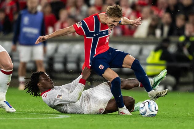 September 24, 2026: Patrick Dorgu of Denmark and Martin Ødegaard of Norway during the Nations League soccer match between Norway and Denmark on September 24, 2026 in Oslo. Photo by Marius Simensen. BILDBYRAN COP 238 VG1005 bbeng soccer football Nations League international match Norway Denmark  Copyright: MARIUSxSIMENSEN BB260924ZW018