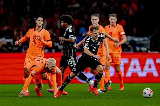 AMSTERDAM: Netherlands forward Mexx Meerdink and Germany midfielder Joshua Kimmich during the UEFA Nations League match between the Netherlands and Germany at the Johan Cruijff ArenA on September 24, 2026, in Amsterdam, Netherlands. Photo by DeFodi Images