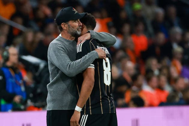 UEFA Nations League: Netherlands vs. Germany on September 24, 2026, at the Johan Cruyff Arena in Amsterdam; Coach Jürgen Juergen Jurgen Klopp hugs Felix Nmecha as he is substituted; Germany 8 MH