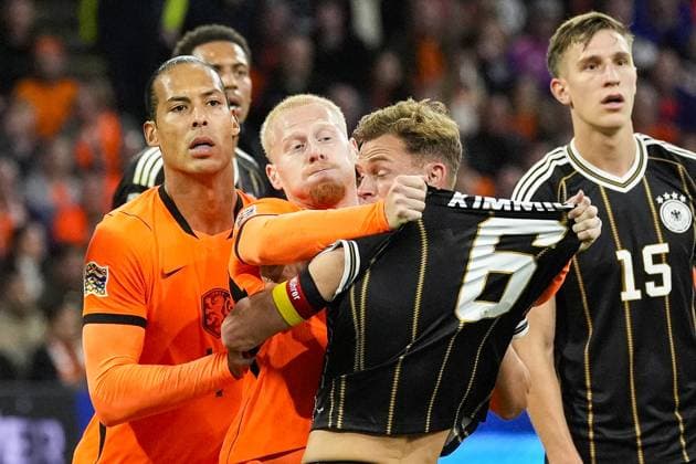 AMSTERDAM , 24-09-2026 , JohanCruyff Arena , season 2026 2027 , UEFA Nations League football , Match between The Netherlands and Germany , picture shows Netherlands player Virgil van Dijk, Netherlands player Mexx Meerdink and Germany player Joshua Kimmich Netherlands - Germany  x207515639x Copyright: