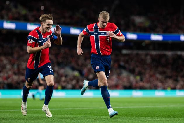 September 24, 2026: Martin Ødegaard and Erling Braut Haaland of Norway celebrate after the 3–2 victory during the Nations League soccer match between Norway and Denmark on September 24, 2026 in Oslo. Photo by Vegard Grott, BILDBYRAN. Code: VG VG1005 bbeng soccer football fotball Nations League international match Norway Denmark celebration jubilation  Copyright: VEGARDxGRoTT BB260924VG055