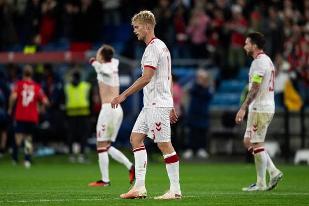 September 24, 2026: Oliver Provstgaard of Denmark looks dejected after the 3–2 score during the Nations League soccer match between Norway and Denmark on September 24, 2026 in Oslo. Photo by Marius Simensen, BILDBYRAN COP 238 VG1005 bbeng soccer football fotball Nations League international match Norway Denmark dejected  Copyright: MARIUSxSIMENSEN BB260924ZC017