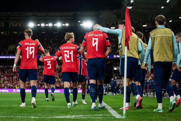 September 24, 2026: Erling Braut Haaland of Norway celebrates with his teammates after the 3–2 victory during the Nations League soccer match between Norway and Denmark on September 24, 2026 in Oslo. Photo by Vegard Grott, BILDBYRAN. Code: VG VG1005 bbeng soccer football fotball Nations League international match Norway Denmark celebration jubilation  Copyright: VEGARDxGRoTT BB260924VG058