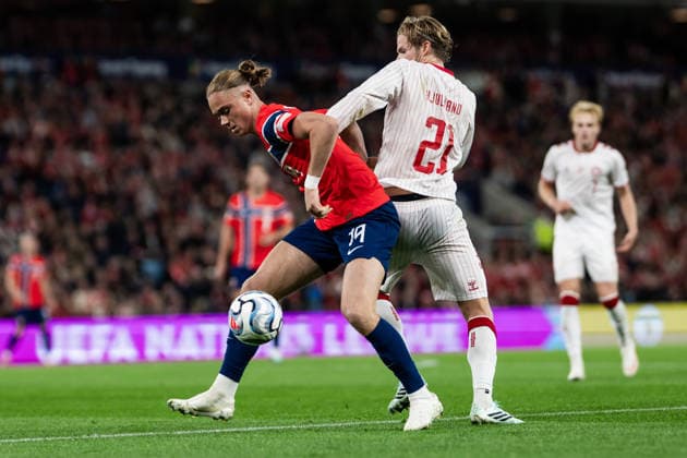September 24, 2026: Martin Ødegaard of Norway and Morten Hjulmand of Denmark during the Nations League soccer match between Norway and Denmark on September 24, 2026 in Oslo. Photo by Vegard Grott, BILDBYRAN. Code: VG VG1005 bbeng soccer football fotball Nations League international match Norway Denmark  Copyright: VEGARDxGRoTT BB260924VG059