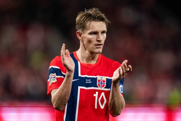 September 24, 2026: Martin Odegaard of Norway during the Nations League soccer match between Norway and Denmark on September 24, 2026 in Oslo. Photo by Marius Simensen, BILDBYRAN COP 238 VG1005 bbeng soccer football fotball Nations League international match Norway Denmark celebration celebrates jubilation  Copyright: MARIUSxSIMENSEN BB260924ZO023
