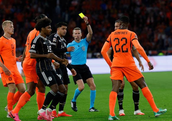 September 24, 2026, xjrdrx, Soccer UEFA Nations League, Netherlands vs. Germany, Referee Alejandro Hernandez (ESP), Nadiem Amiri, German National Soccer Team (DFB), Karim Adeyemi, German National Soccer Team (DFB), Denzel Dumfries, Netherlands, Younes Ebnoutalib, German National Soccer Team (DFB), Amsterdam