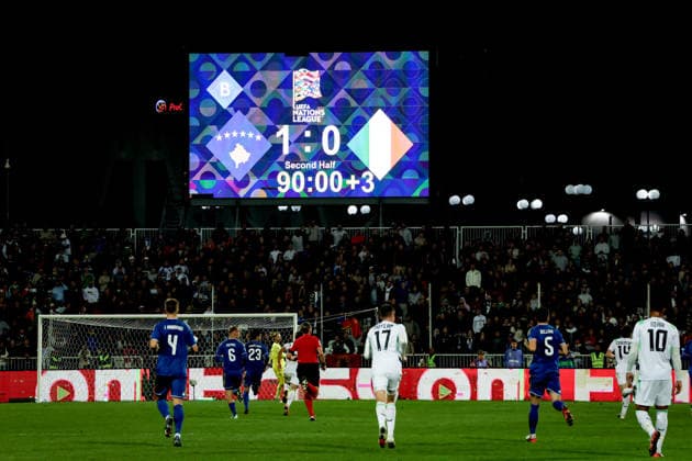 UEFA Nations League Group Stage, Fadil Vokrri Stadium, Pristina, Kosovo 24 9 2026 Kosovo vs Republic of Ireland A view of the scoreboard in the final moments of the game A view of the scoreboard in the final moments of the game 24 9 2026  Copyright: xx RB2_2753