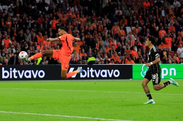 Amsterdam, Netherlands, 24th September 2026. Cody Gakpo of the Netherlands scores to make it 1-1 during the Netherlands vs Germany UEFA Nations League match at the Johan Cruyff Arena, Amsterdam. Picture credit should read: Cody Froggatt Sportimage EDITORIAL USE ONLY. No use with unauthorised audio, video, data, fixture lists, club league logos or live services. Online in-match use limited to 120 images, no video emulation. No use in betting, games or single club league player publications. SPI_093_CF_NETHERLANDS_V_GERMANY SPI-5017-0093
