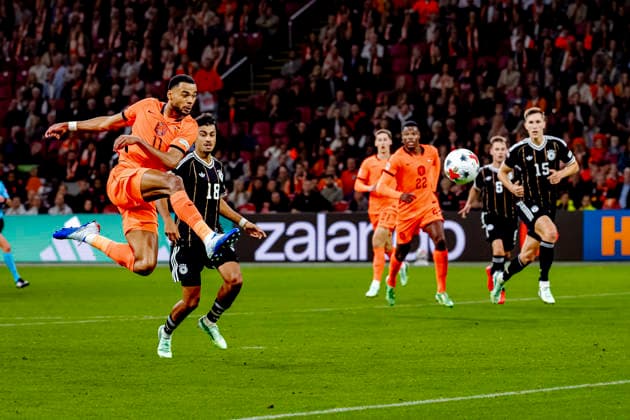 AMSTERDAM, Netherlands: Netherlands forward Cody Gakpo scores to tie the game at 1–1 during the UEFA Nations League match between the Netherlands and Germany at the Johan Cruijff ArenA on September 24, 2026, in Amsterdam, Netherlands. Photo by DeFodi Images