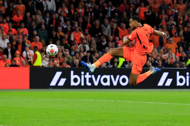Amsterdam, Netherlands, 24th September 2026. Cody Gakpo of the Netherlands scores to make it 1-1 during the Netherlands vs Germany UEFA Nations League match at the Johan Cruyff Arena, Amsterdam. Picture credit should read: Cody Froggatt Sportimage EDITORIAL USE ONLY. No use with unauthorised audio, video, data, fixture lists, club league logos or live services. Online in-match use limited to 120 images, no video emulation. No use in betting, games or single club league player publications. SPI_095_CF_NETHERLANDS_V_GERMANY SPI-5017-0095