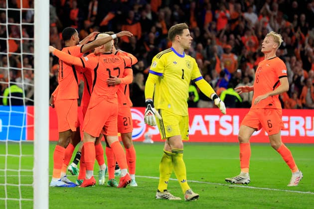 Amsterdam, Netherlands, 24th September 2026. Cody Gakpo of the Netherlands celebrates with team mates after scoring to make it 1-1 during the Netherlands vs Germany UEFA Nations League match at the Johan Cruyff Arena, Amsterdam. Picture credit should read: Cody Froggatt Sportimage EDITORIAL USE ONLY. No use with unauthorised audio, video, data, fixture lists, club league logos or live services. Online in-match use limited to 120 images, no video emulation. No use in betting, games or single club league player publications. SPI_097_CF_NETHERLANDS_V_GERMANY SPI-5017-0097