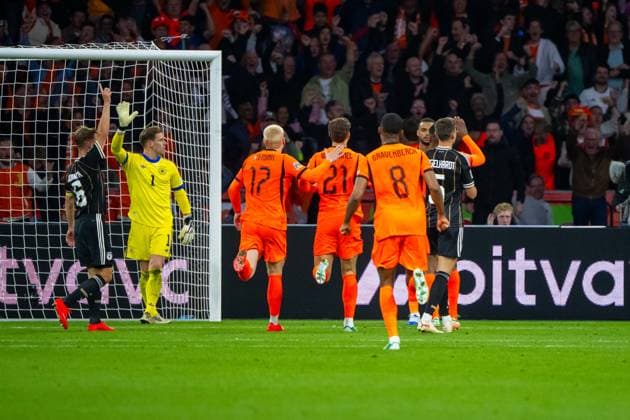 Soccer, Men s, 2026–27 Season, UEFA Nations League League A, Group 2, Matchday 1 in Amsterdam, Netherlands vs. Germany; from left: Joshua Kimmich (Germany), goalkeeper Marc-André ter Stegen (Germany), Mexx Meerdink (Netherlands), Ruben van Bommel (Netherlands), Ryan Gravenberch (Netherlands), Cody Gakpo (Netherlands), Yannik Engelhardt (Germany), Celebrating the 1–1 goal, September 24, 2026, Copyright: xMatthiasxKochx