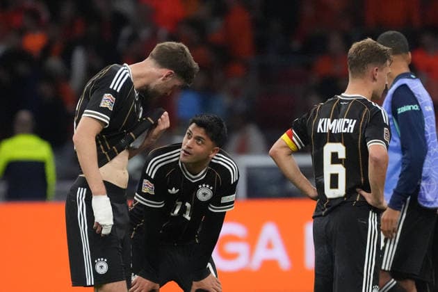 Yannik Engelhardt, Germany; Nadiem Amiri, Germany; Joshua Kimmich, Germany disappoints. Amsterdam, September 24, 2026. Netherlands vs. Germany, Nations League Matchday 1, Johan Cruijff Arena