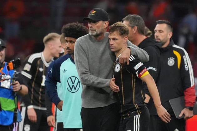 National Team Coach Jürgen Klopp of Germany cheers on Joshua Kimmich of Germany after the 1-1 draw in Amsterdam on September 24, 2026, between the Netherlands and Germany, Nations League Matchday 1, at the Johann Cruijff Arena