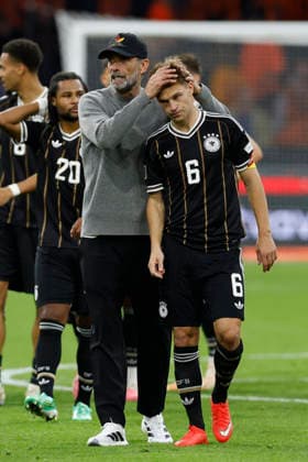 Amsterdam, Netherlands, 24th September 2026. Jurgen Klopp, head coach of Germany with a dejected looking Joshua Kimmich of Germany after the Netherlands vs Germany UEFA Nations League match at the Johan Cruyff Arena, Amsterdam. Picture credit should read: Cody Froggatt Sportimage EDITORIAL USE ONLY. No use with unauthorised audio, video, data, fixture lists, club league logos or live services. Online in-match use limited to 120 images, no video emulation. No use in betting, games or single club league player publications. SPI_104_CF_NETHERLANDS_V_GERMANY SPI-5017-0104