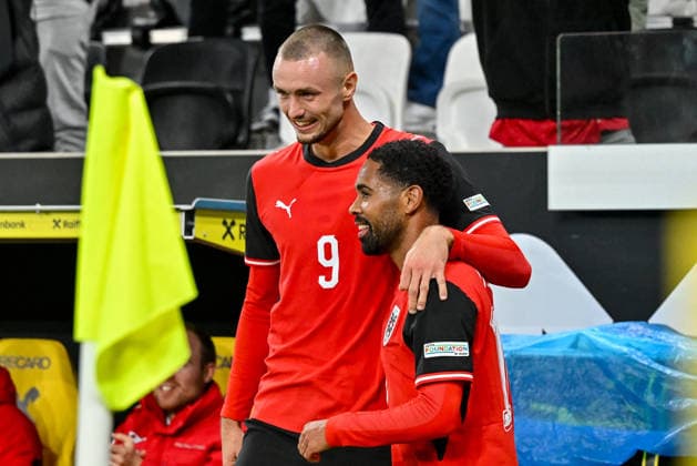 September 24, 2026, Oberoesterreich Arena Linz, AUT, UEFA Nations League 2026–27 Group B: Austria vs. Israel; pictured: Sasa Kalajdzic (AUT), Phillipp Mwene (AUT), UEFA Nations League 2026–27 Group B match between Austria and Israel in Linz, Austria, on September 24, 2026; Linz, Upper Austria, Austria