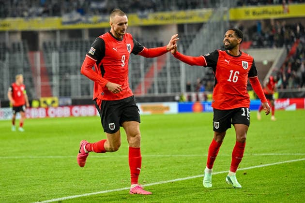 September 24, 2026, Oberoesterreich Arena Linz, AUT, UEFA Nations League 2026–27 Group B: Austria vs. Israel; pictured: Sasa Kalajdzic (AUT), Phillipp Mwene (AUT) – UEFA Nations League 2026–27, Group B, match between Austria and Israel in Linz, Austria, on September 24, 2026; Linz, Upper Austria, Austria