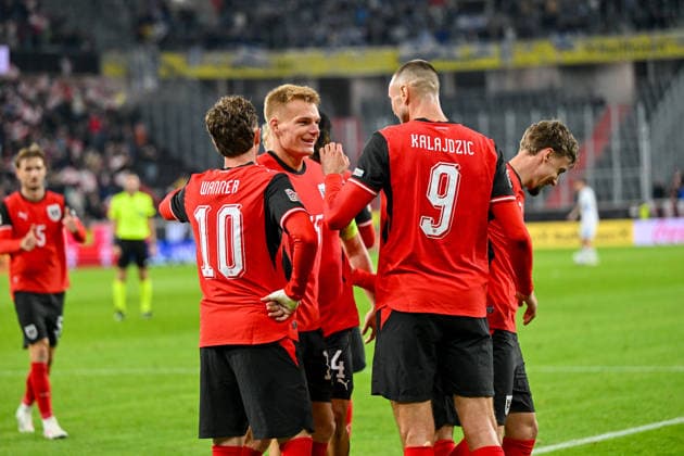 September 24, 2026, Oberoesterreich Arena Linz, AUT, UEFA Nations League 2026–27 Group B: Austria vs. Israel; pictured: celebrating players from Team Austria (AUT) during the UEFA Nations League 2026–27 Group B match between Austria and Israel in Linz, Austria, on September 24, 2026; Linz, Upper Austria, Austria