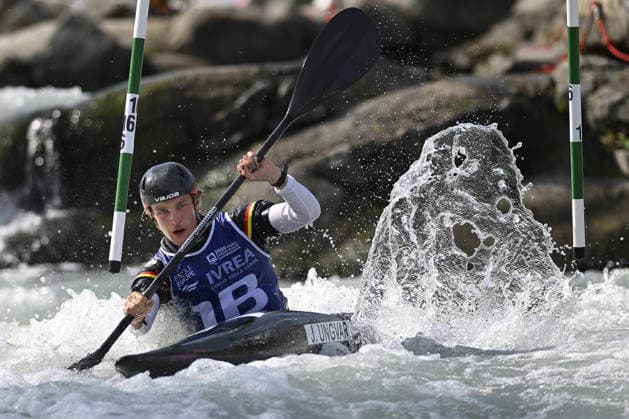 IPA88932316 - Ivrea, Italy, September 24, 2026—2026 Paddle Europe Slalom Championships: Kayak and Canoe Slalom at the Canoe Stadium in Ivrea. UNGVARI Jakob Team (GER) in action during the 2026 Paddle Europe Slalom Championships Men s Kayak Teams Final  Copyright: xTonelloxAbozzi IPAxSportx xx IPA88932316